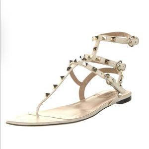 Valentino Rockstud Flat Thong Gladiator Sandals, White